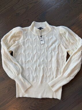 NEW WITH TAG EXPRESS Women’s  Cream Cable-Knit Puff Sleeve Sweater Size Medium